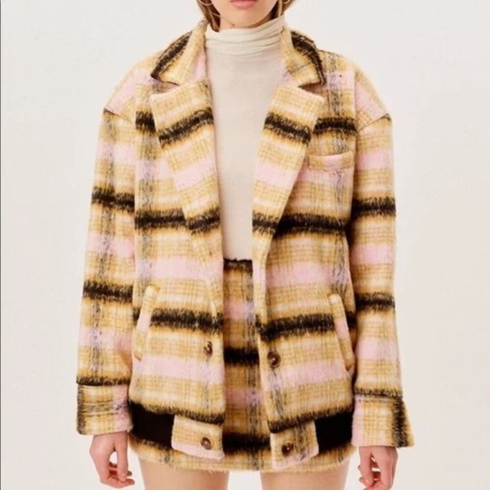 for love and lemons | rachel faux mohair fuzzy plaid women's jacket sz S